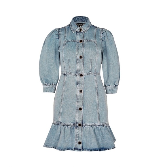 River Island Tinker T Frill Mini Denim Shirt Dress in Light Blue - Picture 15 of 16
